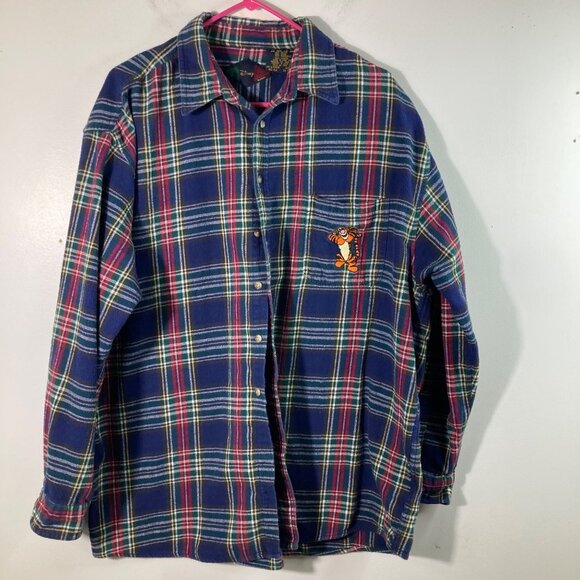 Mens Vintage Disney Tigger Plaid Flannel Shirt Cotton Blue Green Red 2XL - Picture 1 of 10